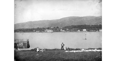 Knudsen, K. (1869). Parti av Damsgård mot Dokken i Bergen. 