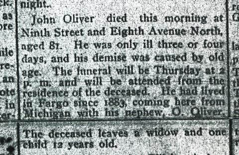 John Oliver Obituary Fargo Forum Nov 18 1898