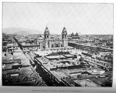 Katedralen i Lima, Peru. In. Clements R. Markham, A History of Peru (Chicago, 1892),: The Social Sciences and Humanities Library, University of California, San Diego.