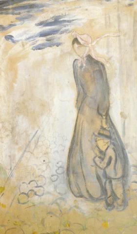 Maleri: Edvard Munch: Utenfor porten. Olje  på papp. Ca. 1893.