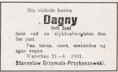 Dødsannonse, Dagny Juell, fra Morgenbladet juni 1901