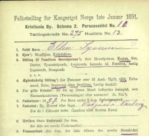 Inga Syvertsens mor Ellen ved folketellingen i Kristiania 1. januar 1891 BILDE 1