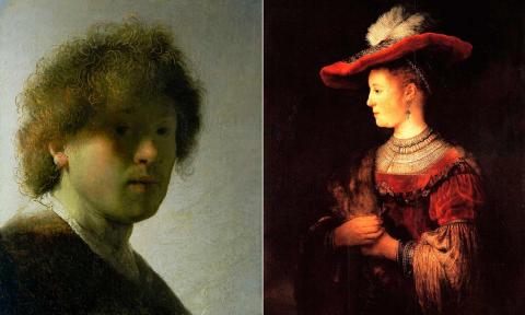 Rembrandt van Rijns malerier Selvportrett (1628) og Saskia med rød hatt (1642) 