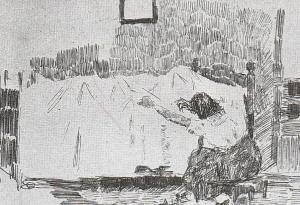 Tegning av Edvard Munch: Den døde og den sørgende, 1885-1886
