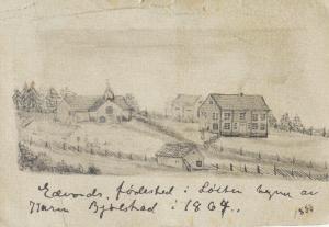 Karen Bjølstad: Tegning av gården Engelaug østre i Løten, ca 1863