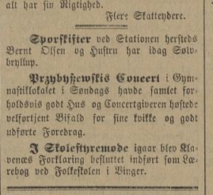 Notis i avisen Glommendalen 11.12.1895 om Stanislaw Przyyzsewskis pianokonsert på Kongsvinger