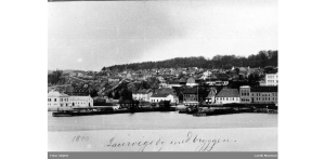Larvik by sett fra Larvik havn. Vestre og Østre brygge. Tollboden, Festiviteten, Storgata, Bøkeskogen i bakgrunnen.