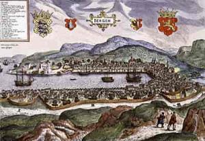 Bergen. Gammelt stikk av Franciscus Hogenberg fra rundt 1580.